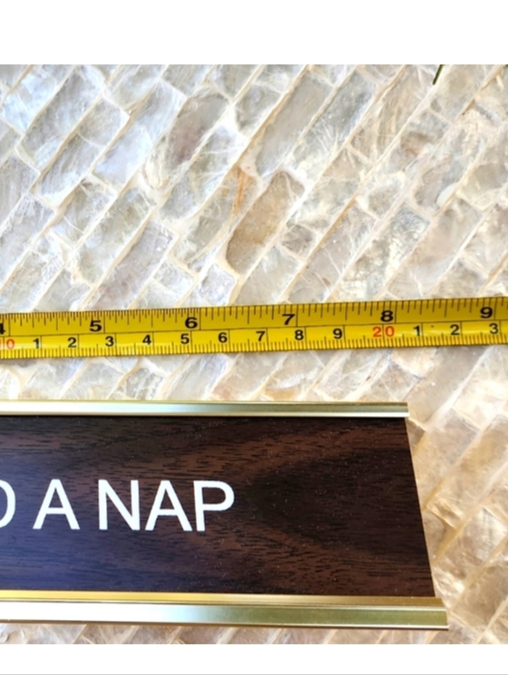 Desk Nameplate Sign - I NEED A NAP - Gold Frame, Dark Wood - Picture 3 of 6